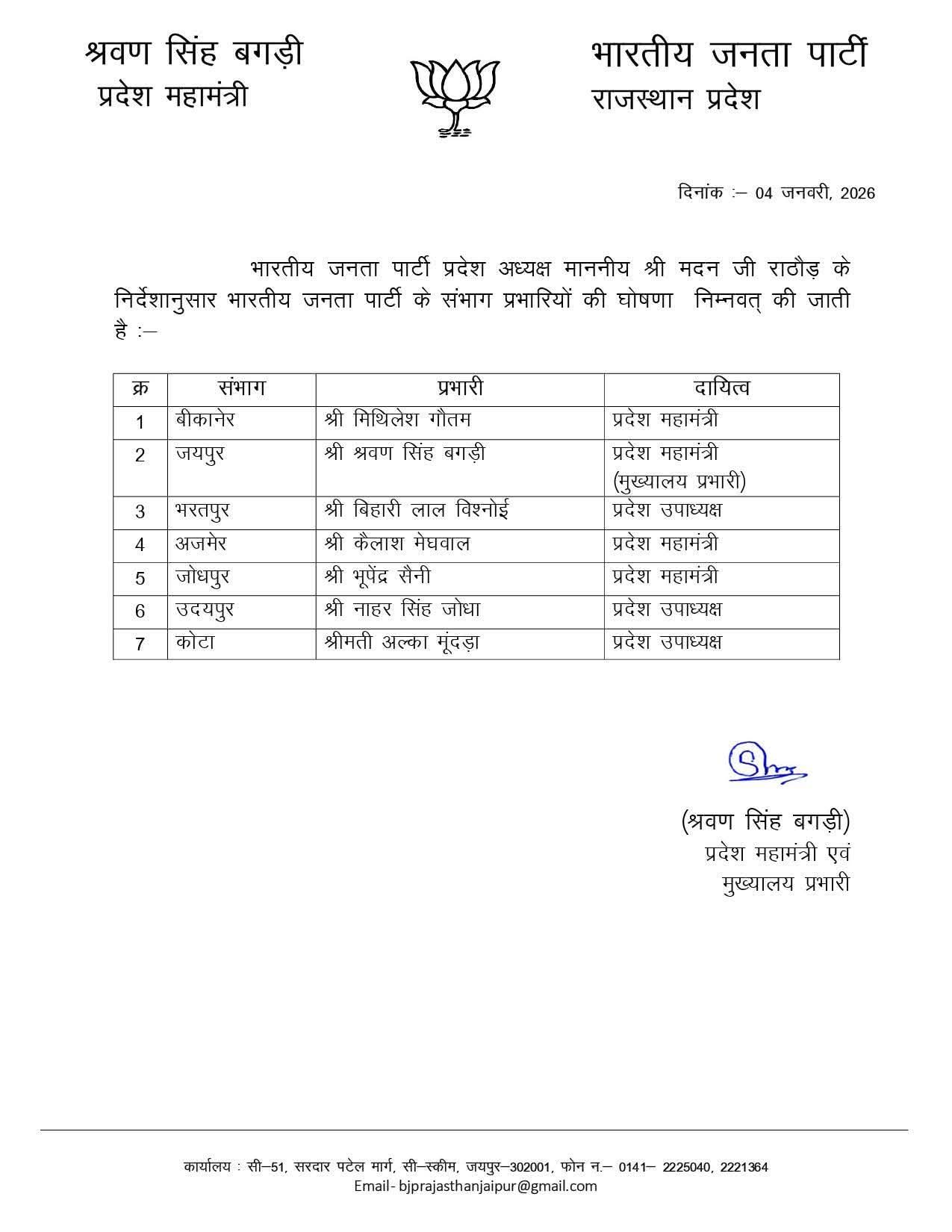 IMG 20260104 WA0007 बीजेपी के सात संभाग प्रभारियों की घोषणा, बिहारी लाल विश्नोई सहित इन्हें मिली जिम्मेदारी Rajasthan News Portal बीकानेर अपडेट